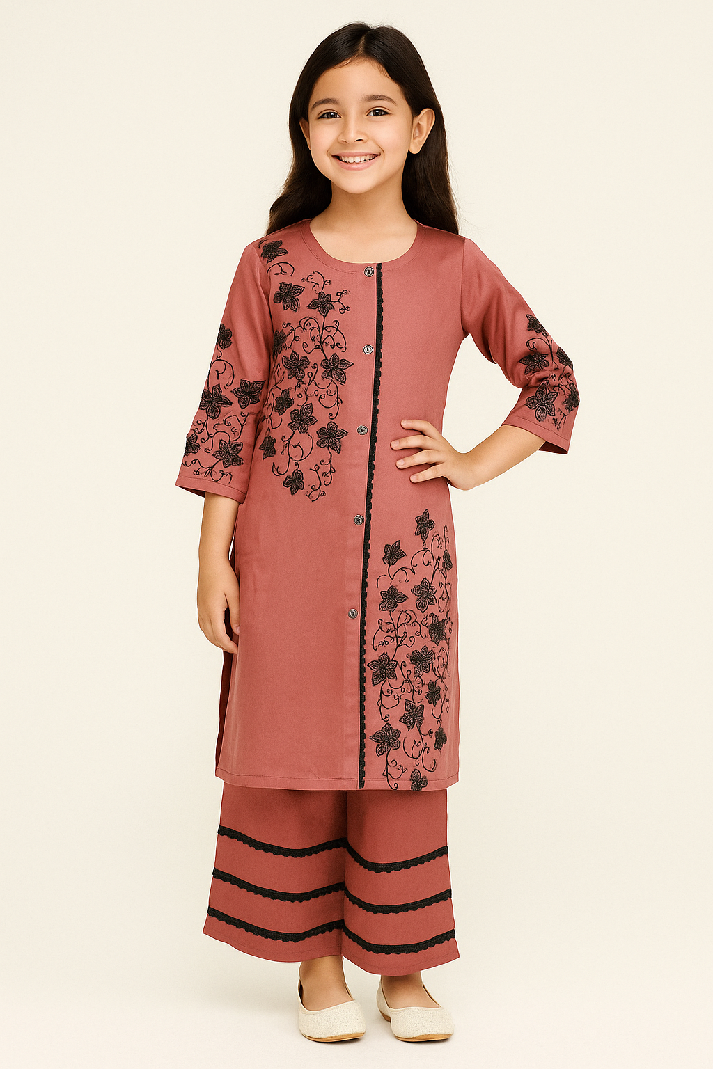 Cotton Embroidery Kurti Set 1123 Pink