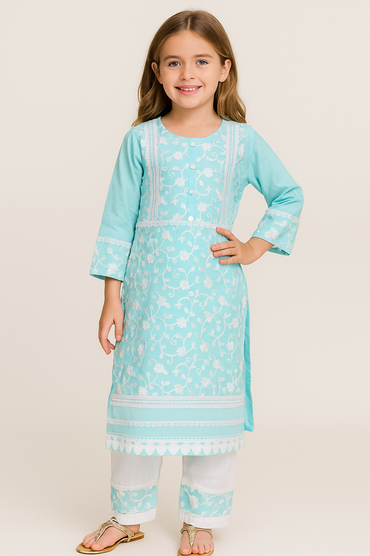 Cotton Embroidery Kurti Set 1125 Sky Blue