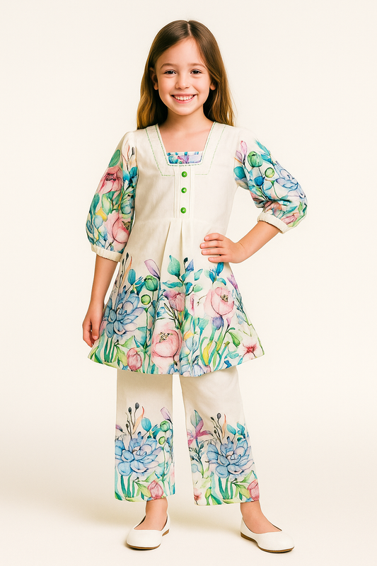 Cotton Printed Plazo Cord Set With Dupatta 1126 Cream