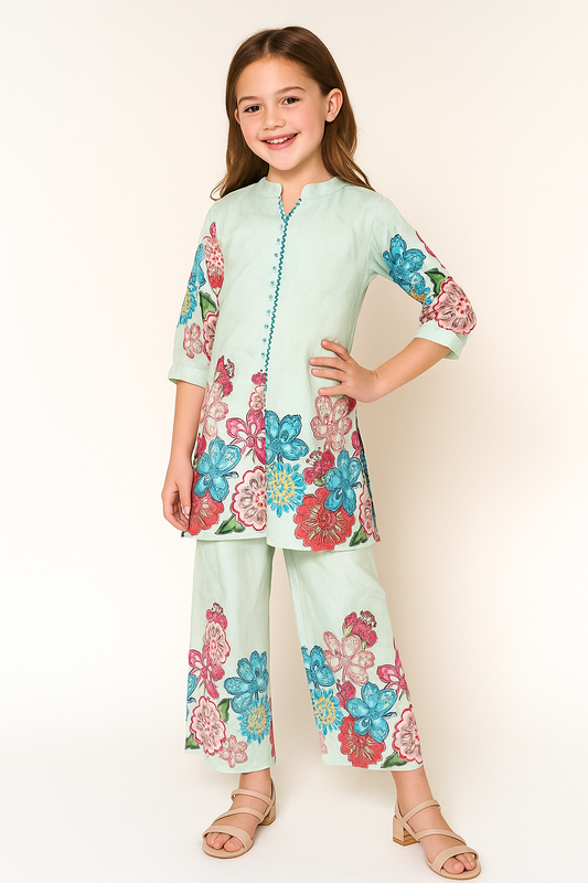 Cotton Printed Plazo Cord Set With Dupatta 1127 Green