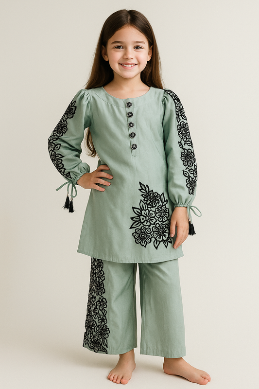 Cotton Embroidery Plazo Set With Dupatta 1128 Pista Green