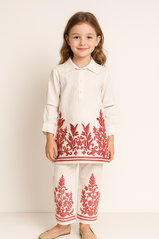 Cotton Embroidery Kurti Set 1129 White