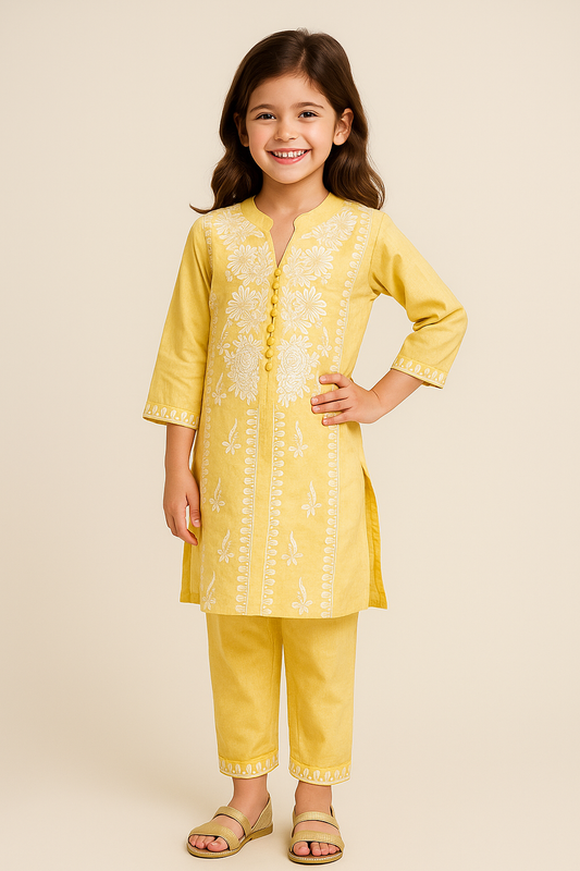 Cotton Embroidery Kurti set 1131 Yellow