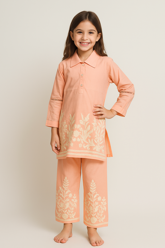 Cotton Embroidery Kurti Set 1130 Peach