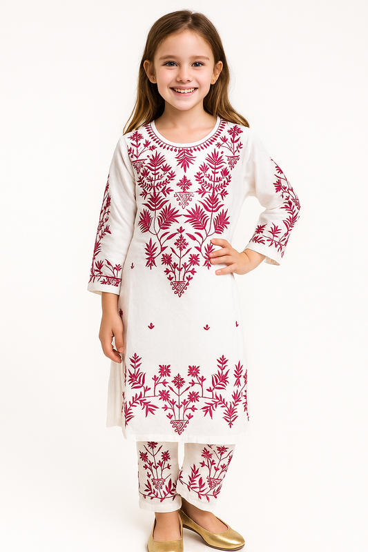 Cotton embroidery Kurti set 1135 White