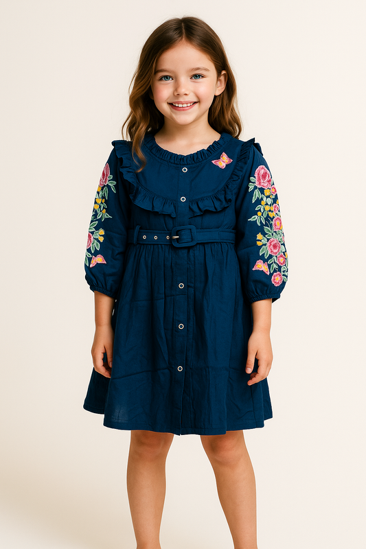 Cotton Embroidery Butterfly Frock 1060 Navy Blue