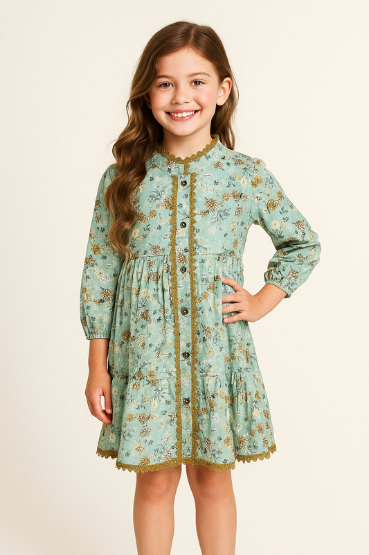 Cotton Printed Lace Frock 1063 Mint Green