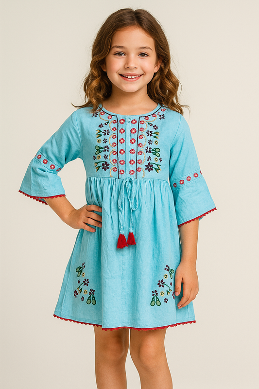 Cotton Embroidery frock 1064 Sky blue
