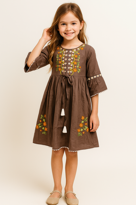 Cotton Embroidery frock 1065 Brown