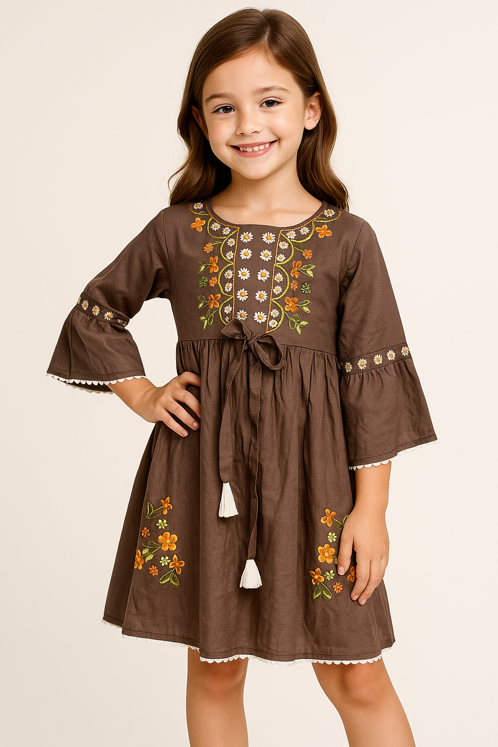 Cotton Embroidery frock 1065 Brown
