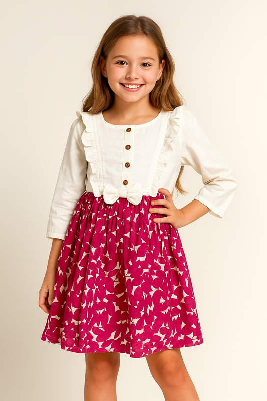 Cotton Dual Tone Printed Frock 1066 White & Pink