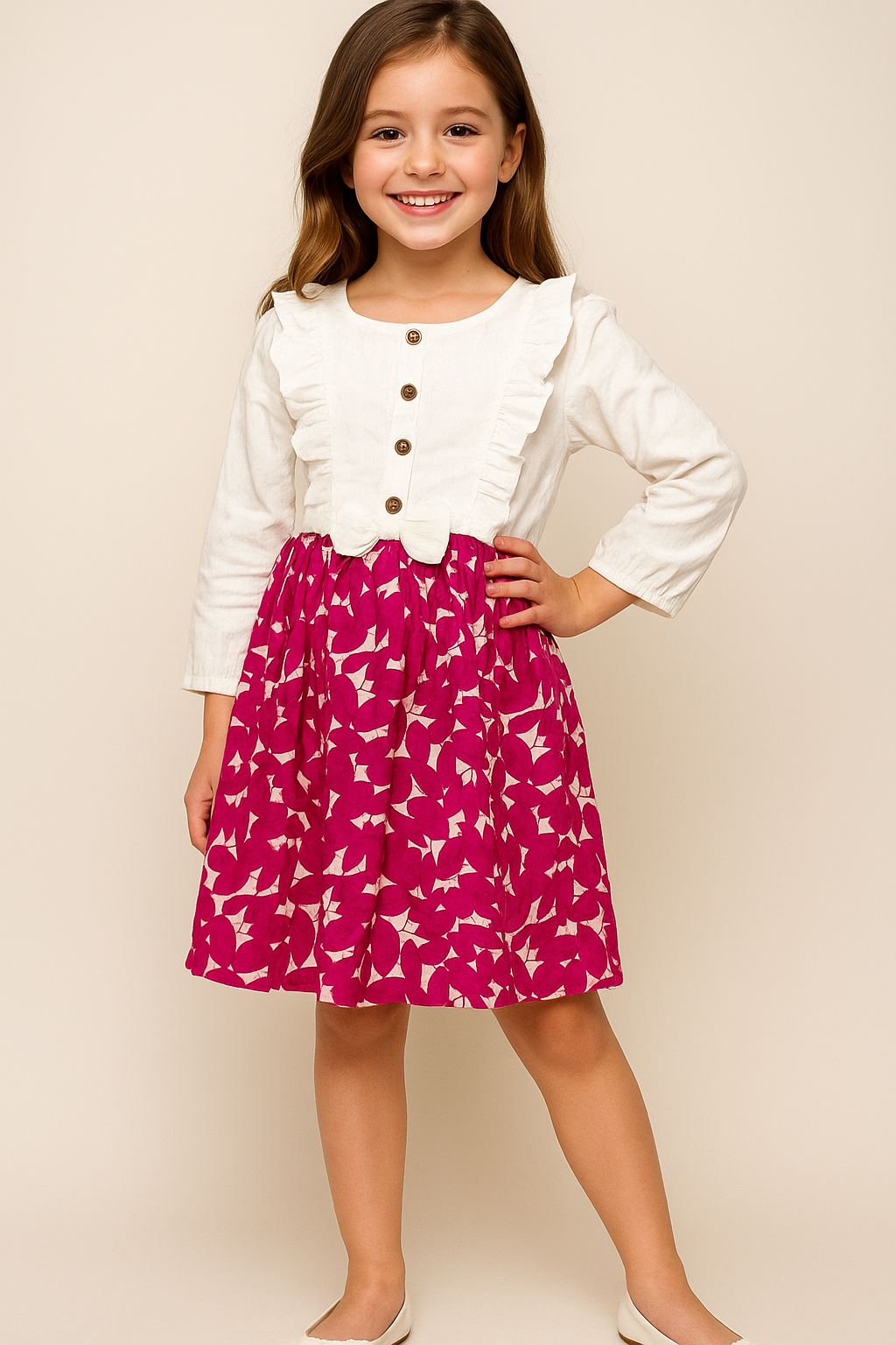Cotton Dual Tone Printed Frock 1066 White & Pink