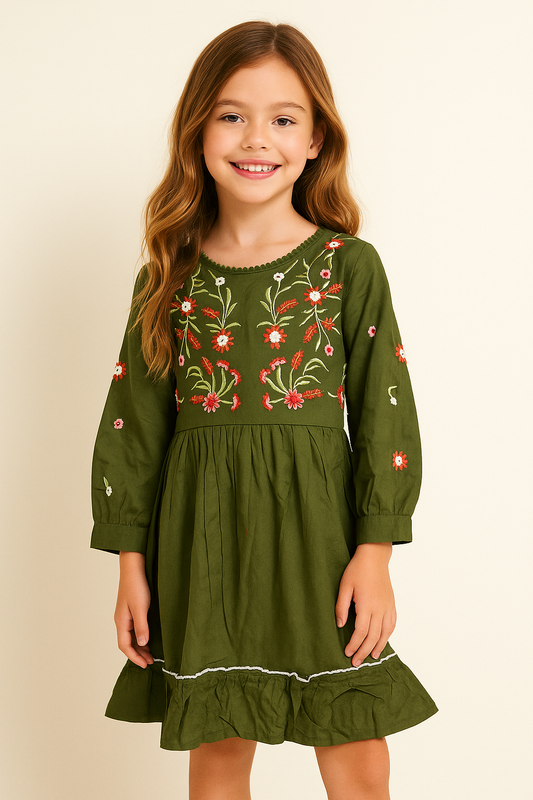 Cotton Embroidery Frock 1169 Olive Green