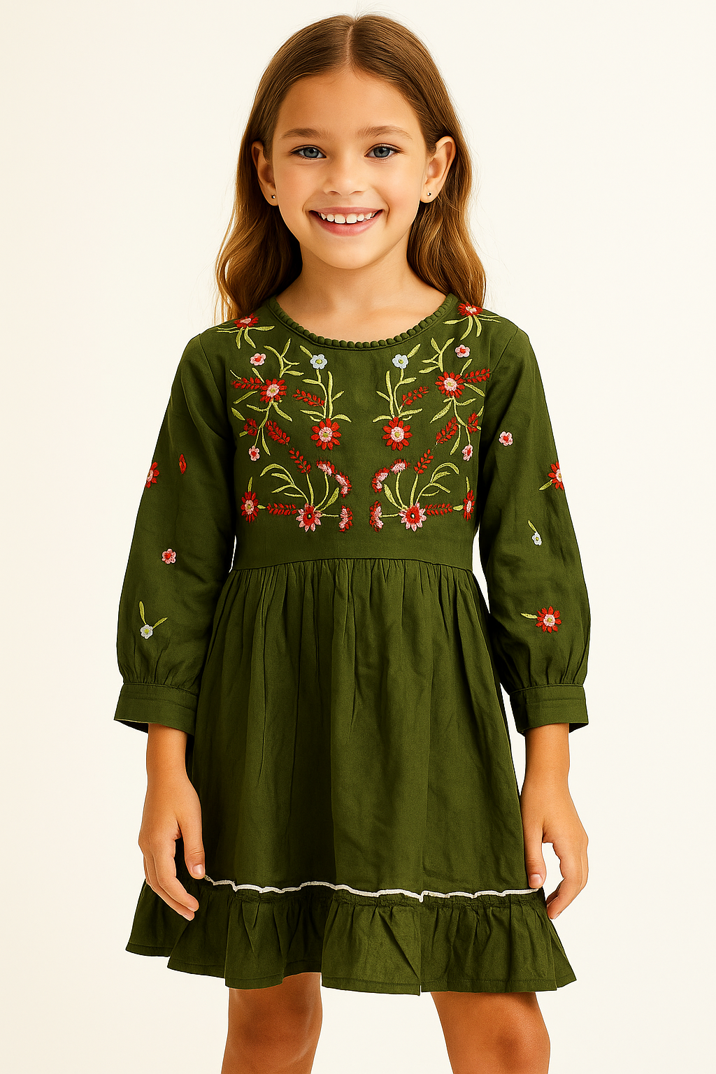 Cotton Embroidery Frock 1169 Olive Green