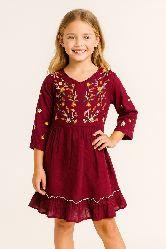 Cotton Embroidery Frock 1170 Wine