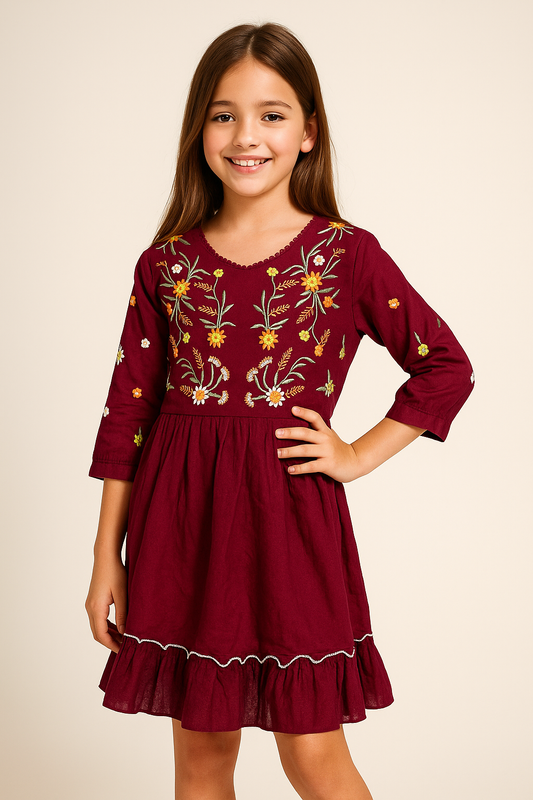 Cotton Embroidery Frock 1170 Wine