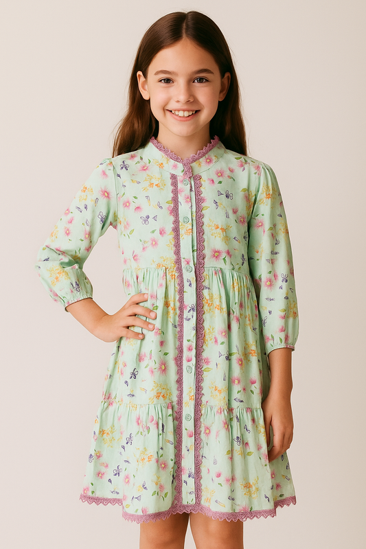 Cotton Printed Lace Frock 1072 Mint Green