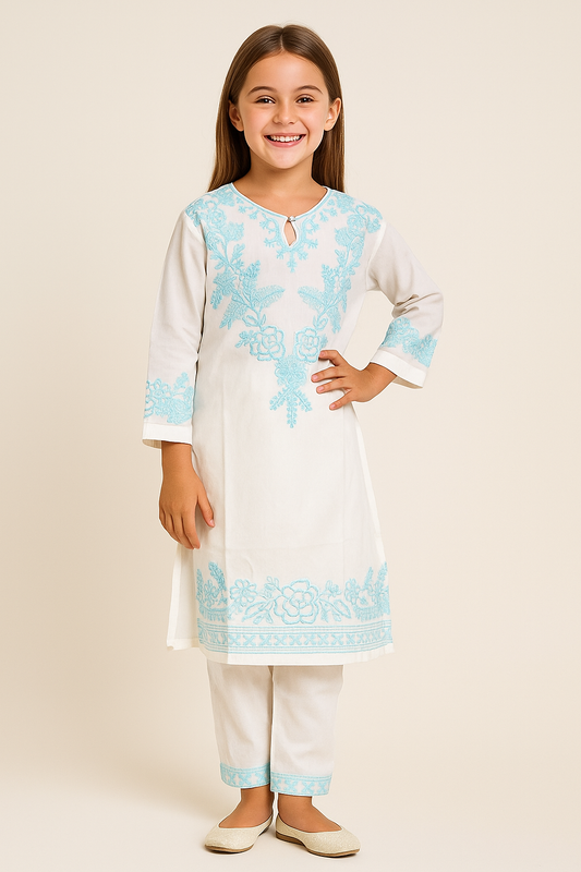 Cotton Embroidery Kurti Set 1149 White
