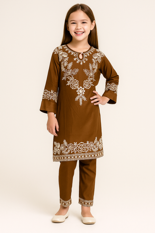Cotton Embroidery Kurti Set 1150 Brown