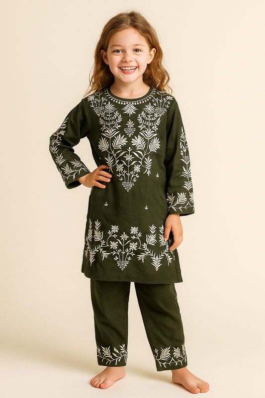 Cotton Embroidery Kurti set 1155 Bottle green