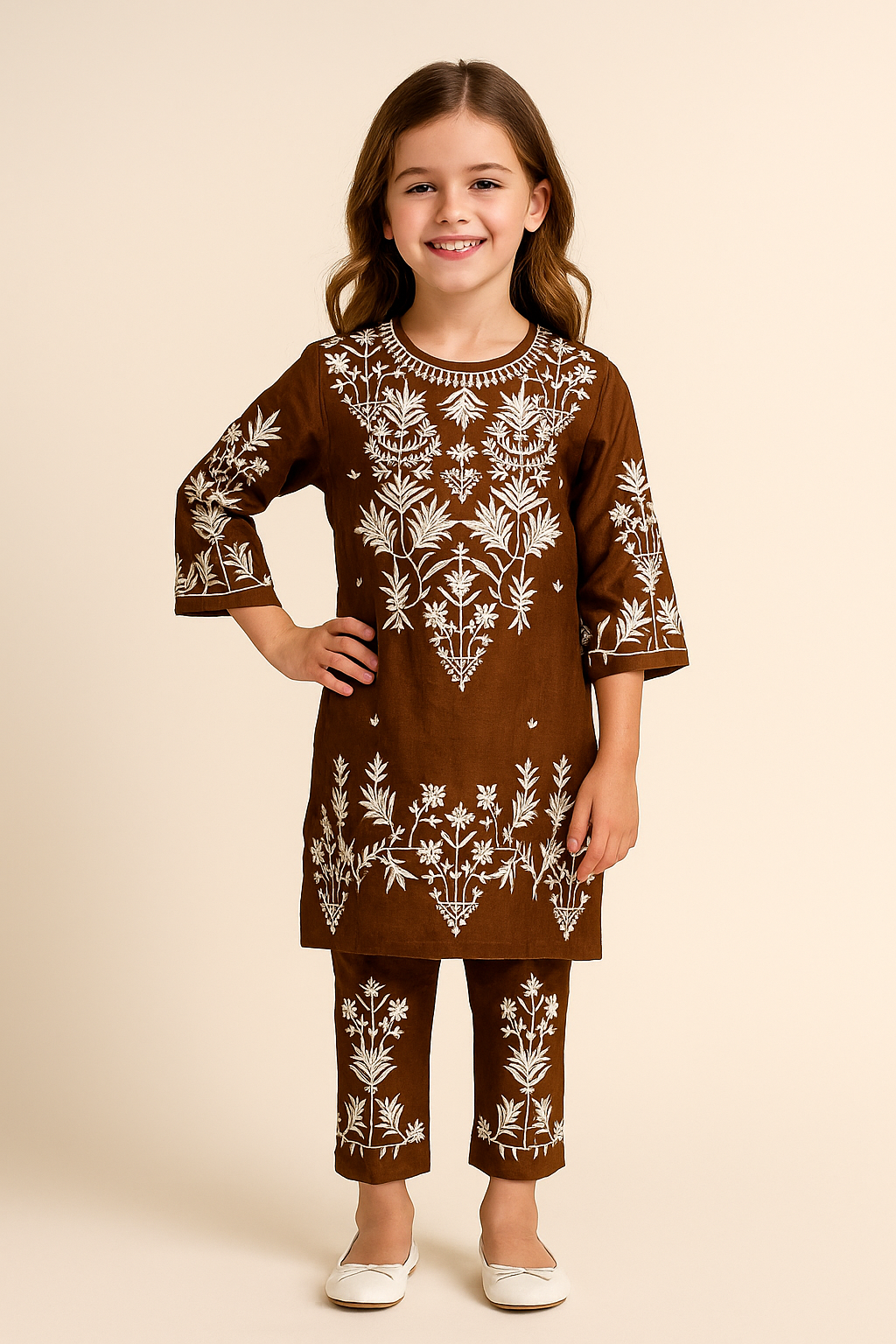 Cotton Embroidery Kurti set 1154 Brown
