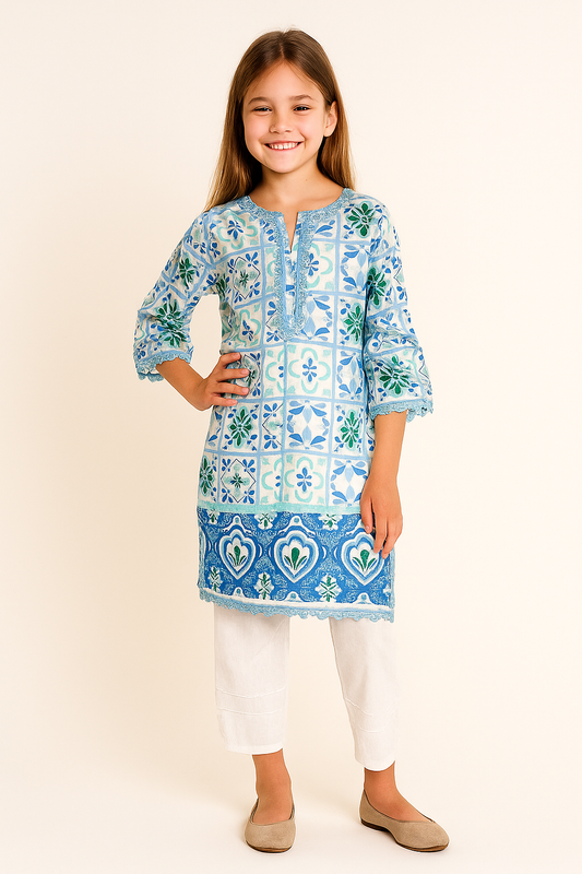 Cotton Printed kurti set 1156 Blue