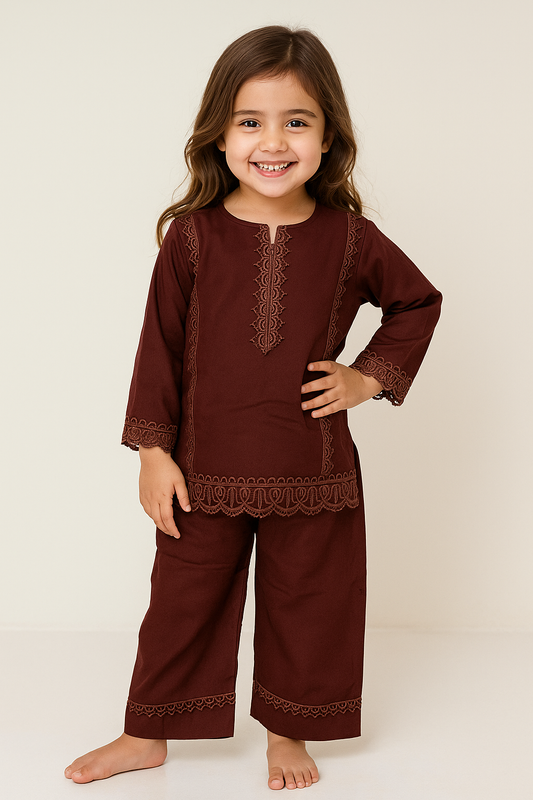 Cotton Embroider Kurti Set 1161 Wine