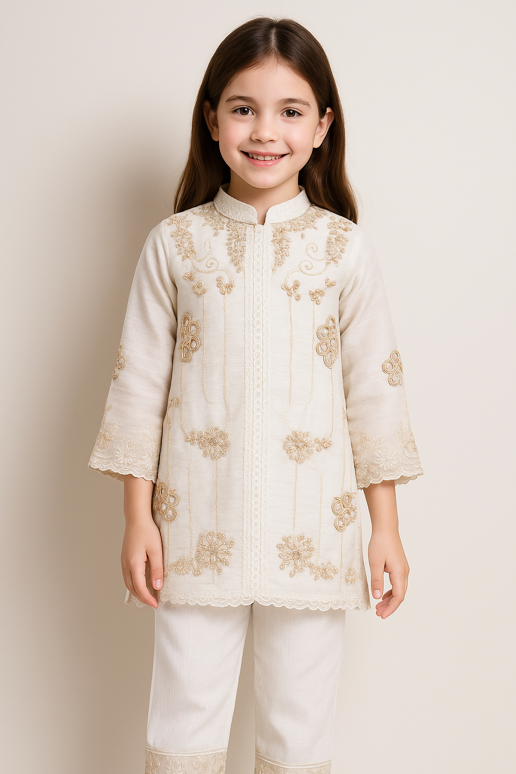 Georgette Embroidery Kurti Set With Dupatta 1166 Cream