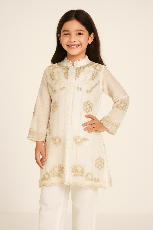 Georgette Embroidery Kurti Set With Dupatta 1166 Cream