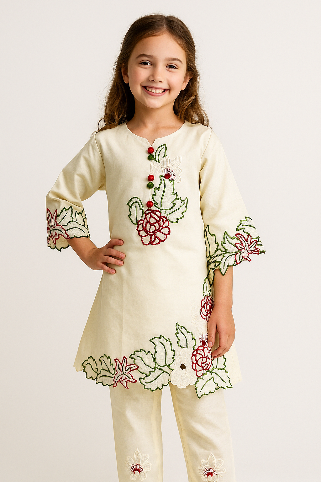 Cotton Embroidery Cutwork Kurti Set With Dupatta 1168 Cream