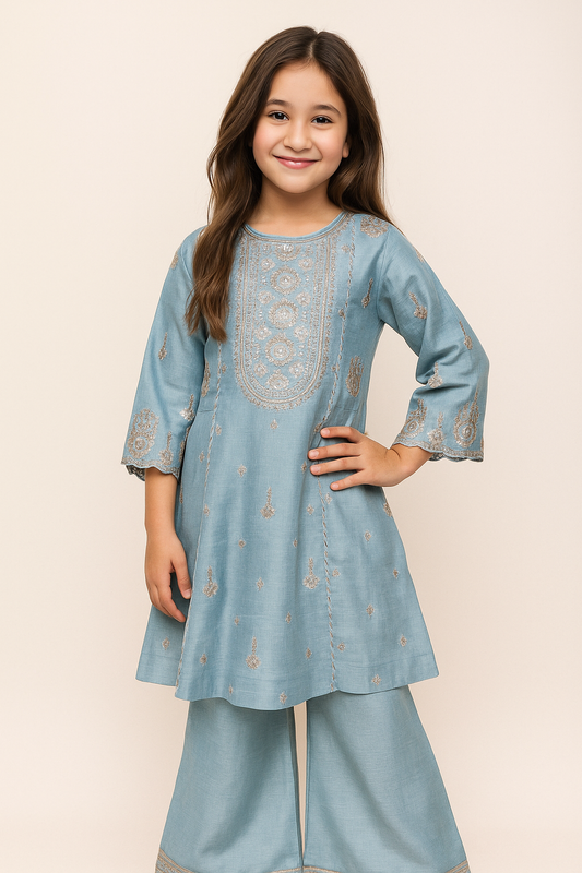 Cotton Embroidery Frock Plazo set With Dupatta 4571 Blue