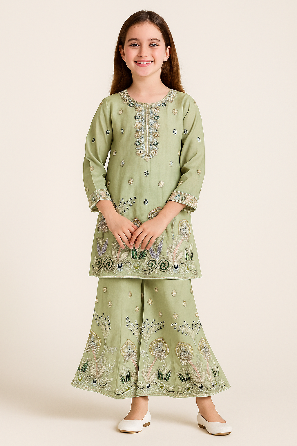 Georgette Embroidery Kurti Plazo Set With Dupatta 5413 Green
