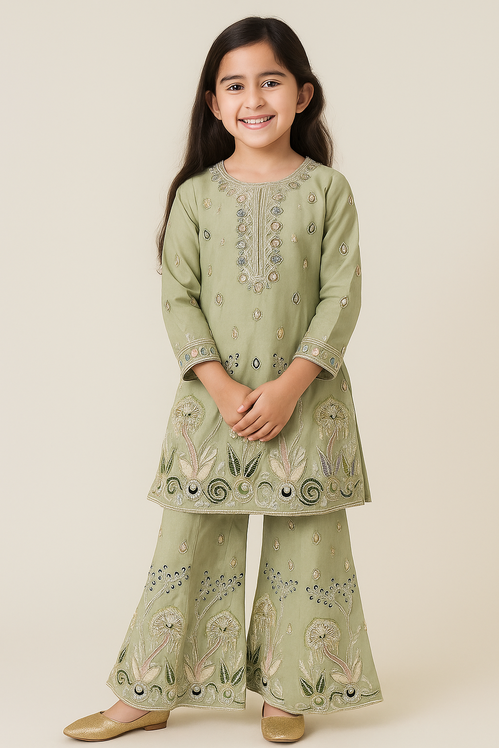 Georgette Embroidery Kurti Plazo Set With Dupatta 5413 Green
