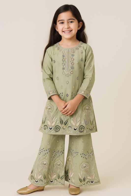 Georgette Embroidery Kurti Plazo Set With Dupatta 5413 Green