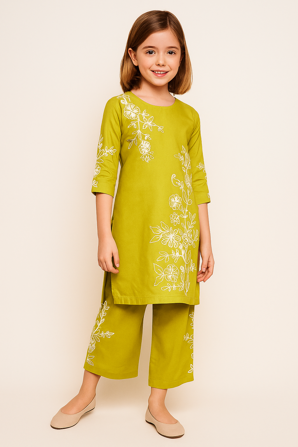 Cotton embroidery Kurti Set 1170 Lime Green