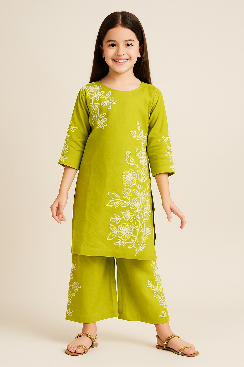 Cotton embroidery Kurti Set 1170 Lime Green