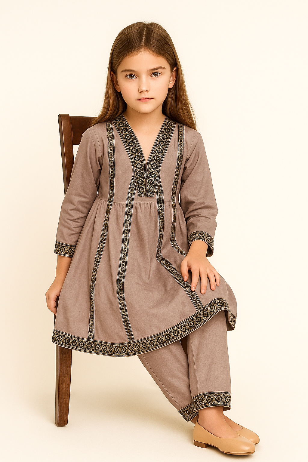 Cotton embroidery Frock Set With Dupatta 1171 Grey