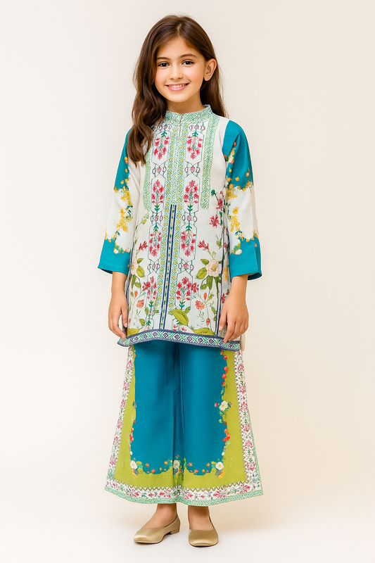 Satin Printed Turkish cord set 1173 White & Green