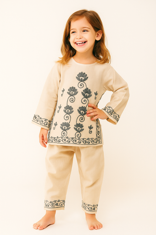 Cotton Embroidery Kurti set 1177 Cream