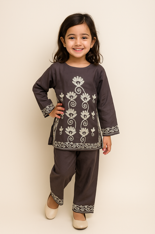 Cotton Embroidery Kurti set 1178 Grey