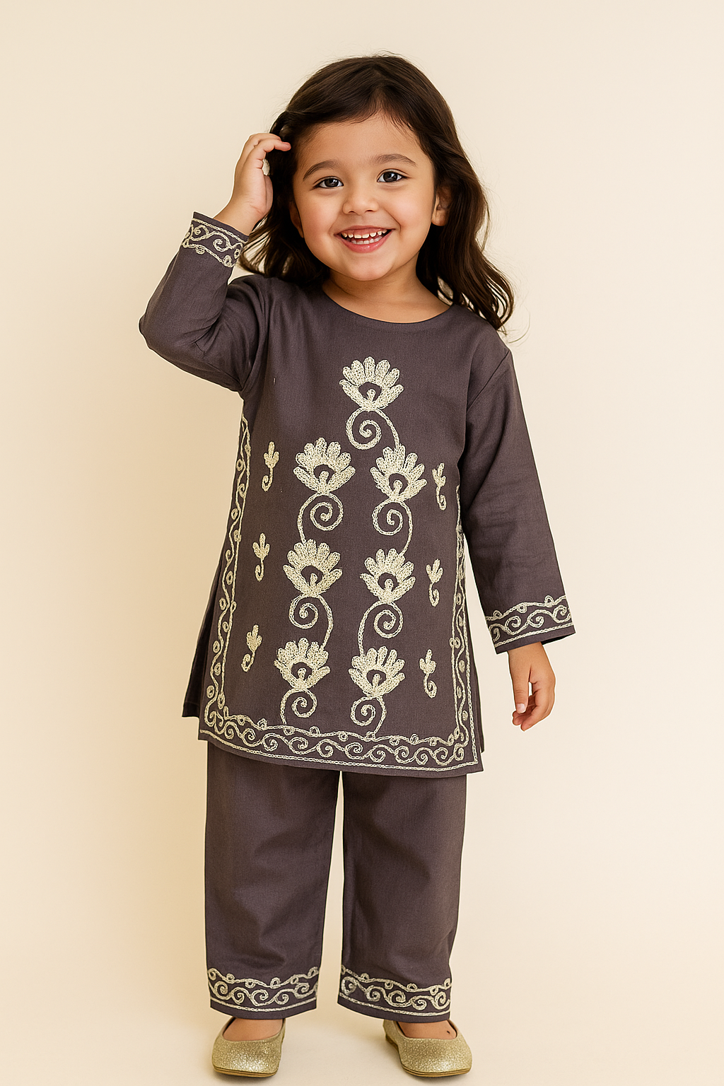 Cotton Embroidery Kurti set 1178 Grey