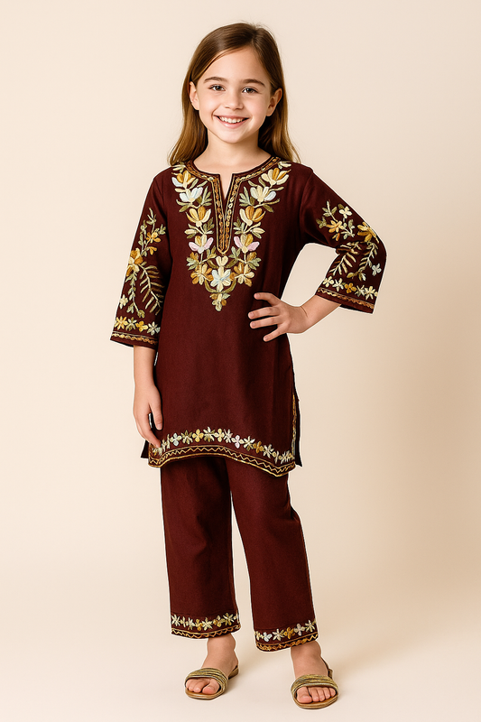Cotton Embroidery Kurti Set 1181 Brown