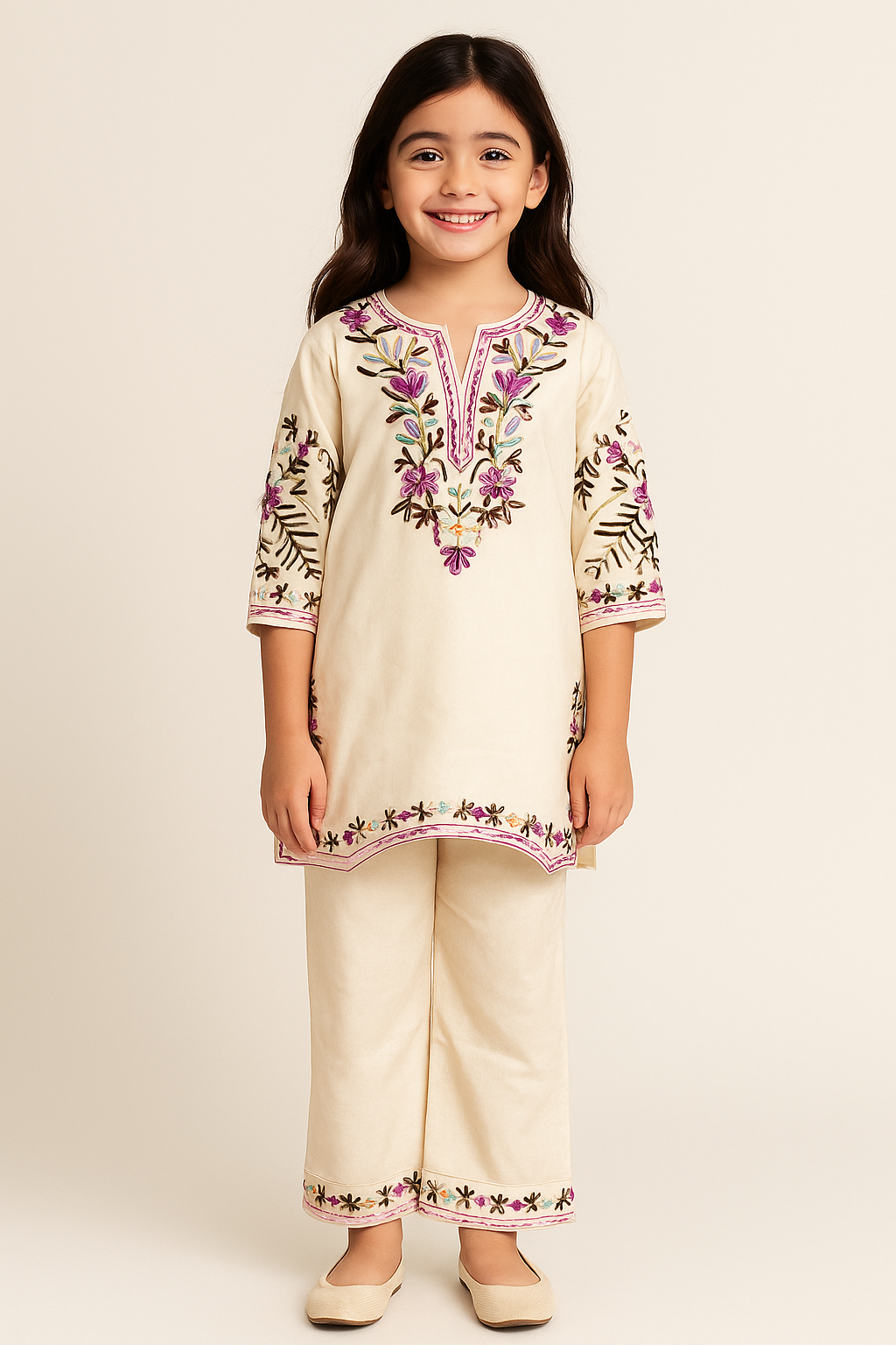 Cotton Embroidery Kurti Set 1182 Cream