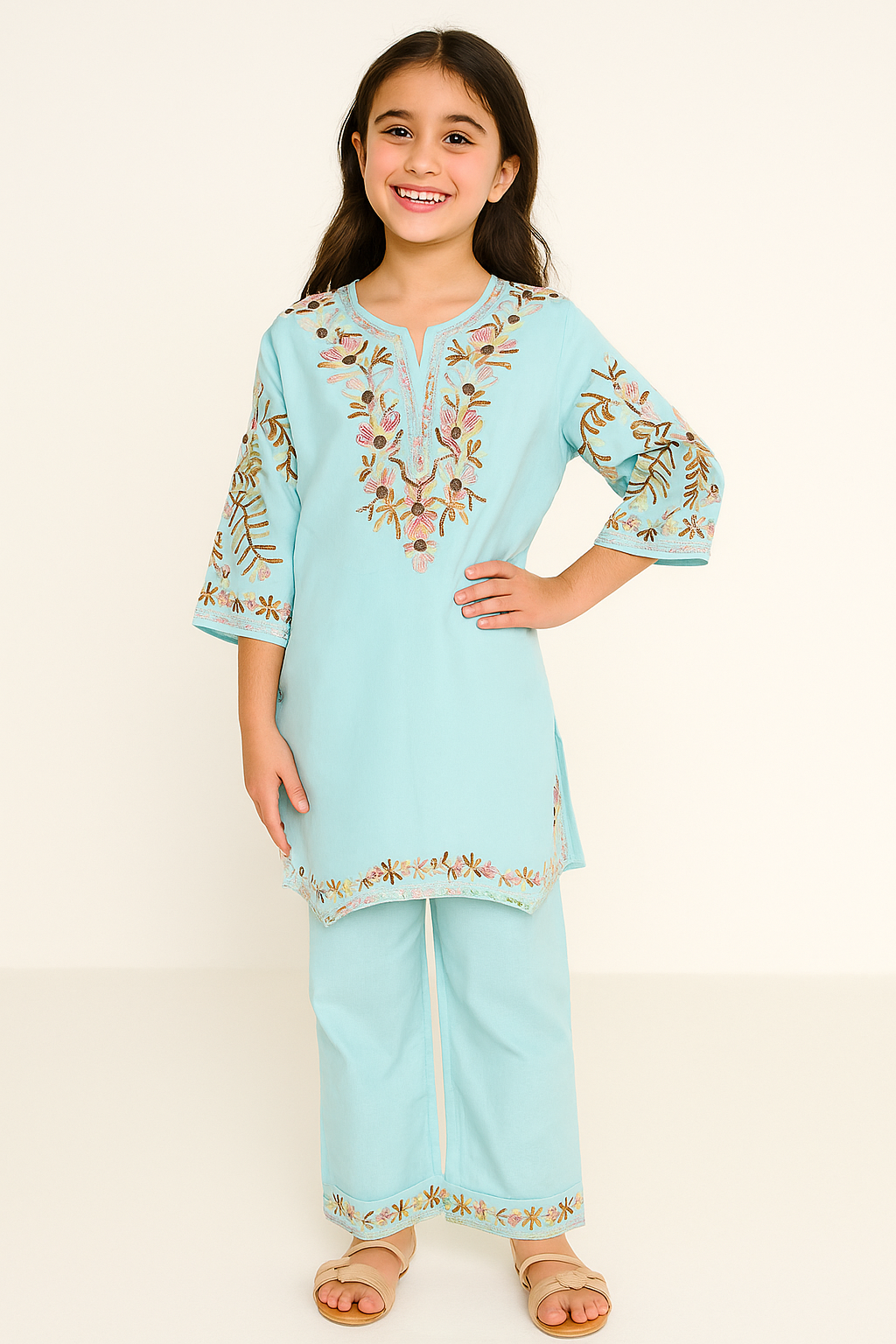 Cotton Embroidery Kurti Set 1183 Sky Blue
