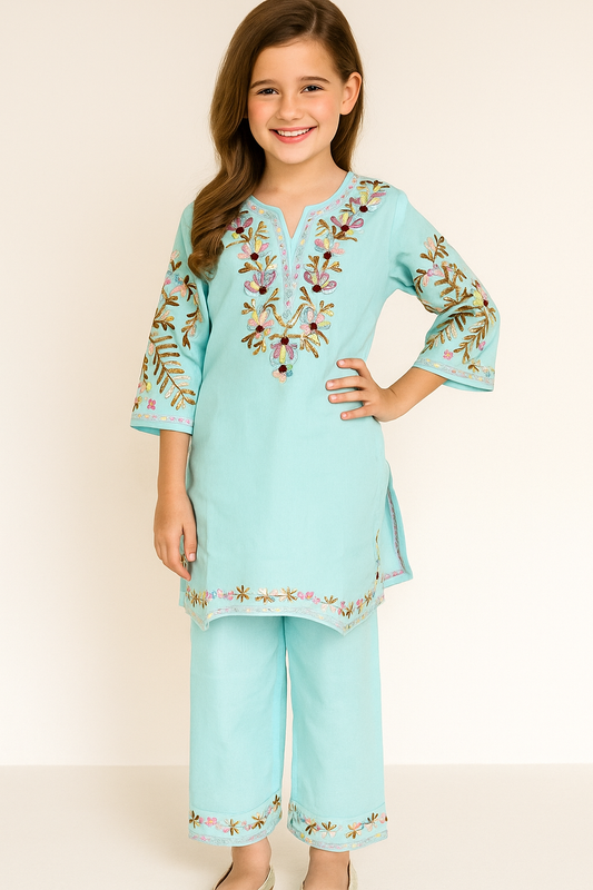 Cotton Embroidery Kurti Set 1183 Sky Blue