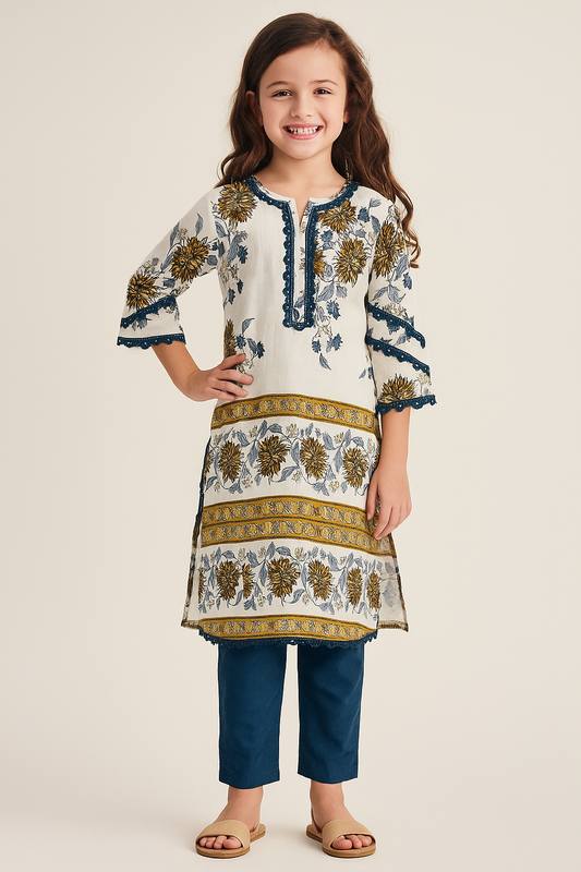 Cotton Printed Kurti Set 1186 White