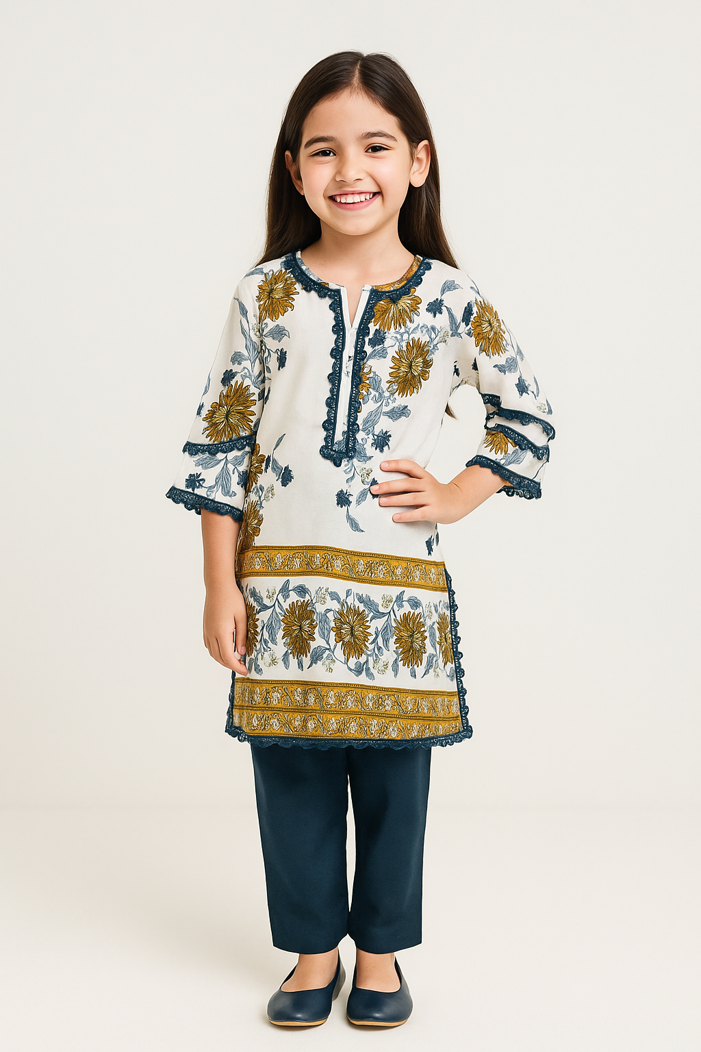 Cotton Printed Kurti Set 1186 White