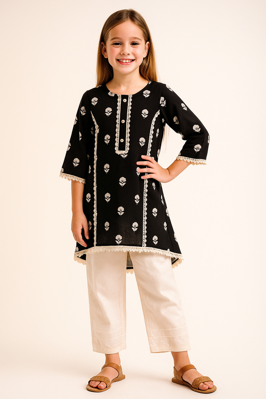 Cotton Printed Frock Pant Set 1188 Black