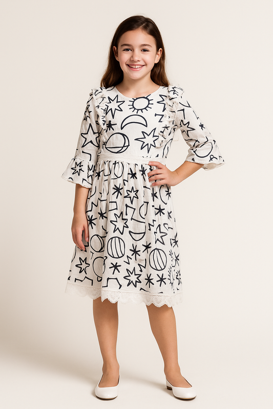 Cotton Printed Frock 1089 White