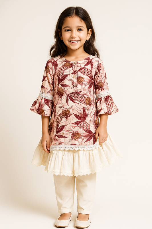 Cotton Printed Frock Pant set With Dupatta 1191 Beige